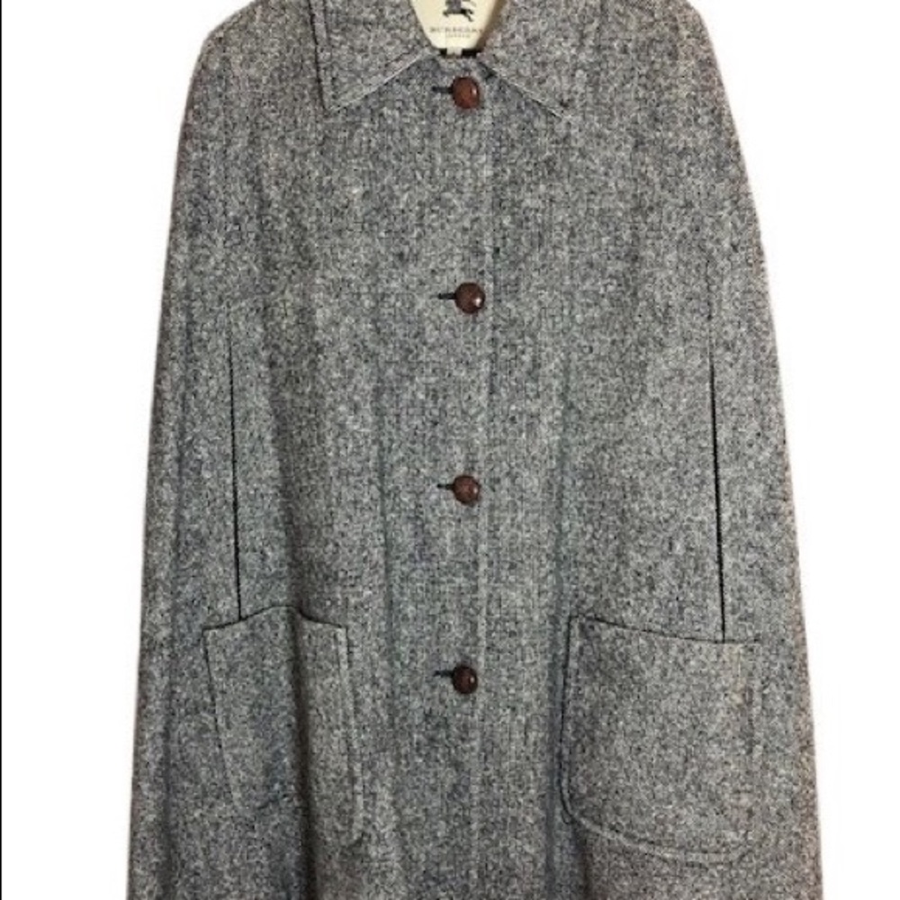 Vintage Burberry Black and White Nailhead Tweed Cape with Leather Buttons